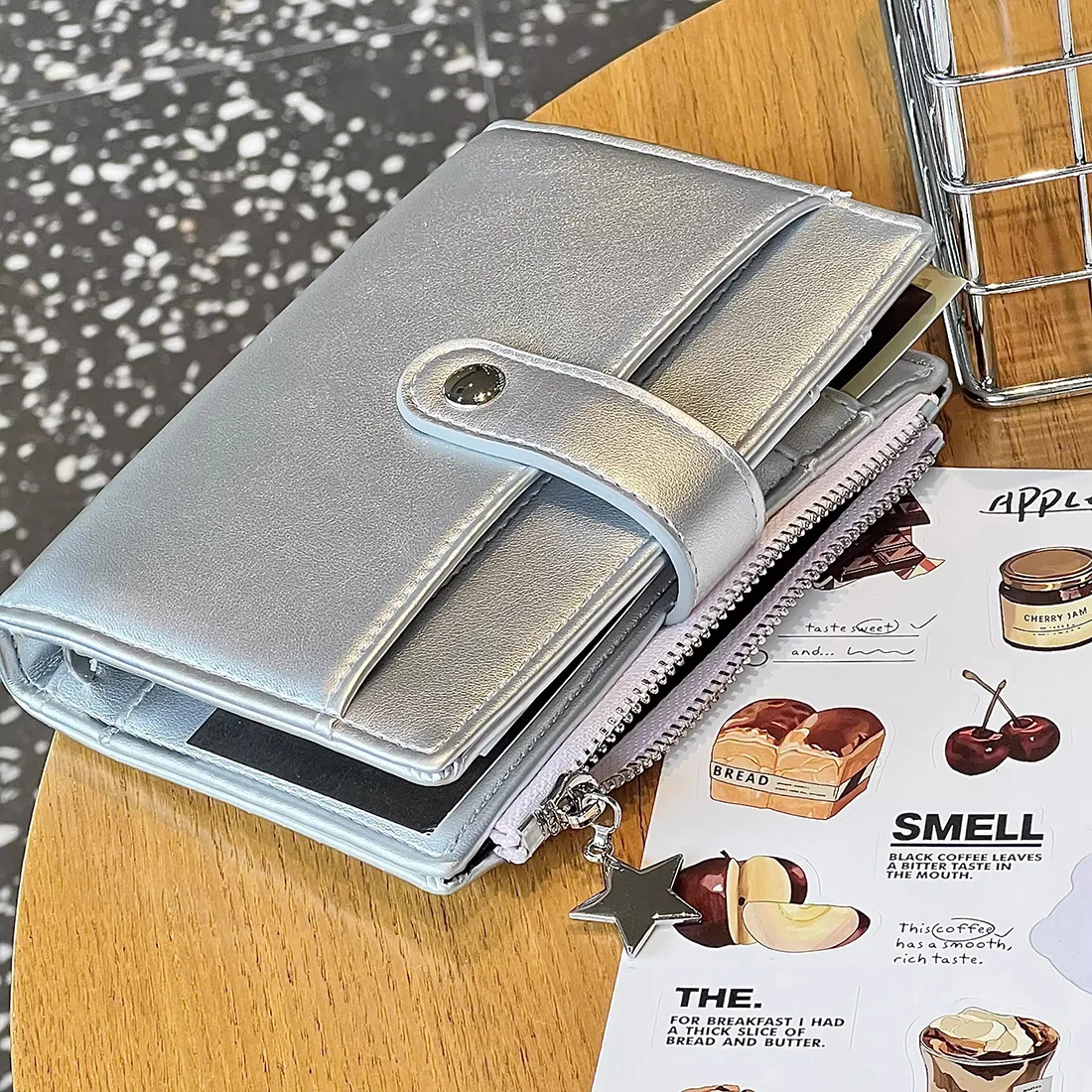 Silver Soft Leather Small Notebook Student Binder M5 Notepad Girls Portable Card Holder Simple Niche Design