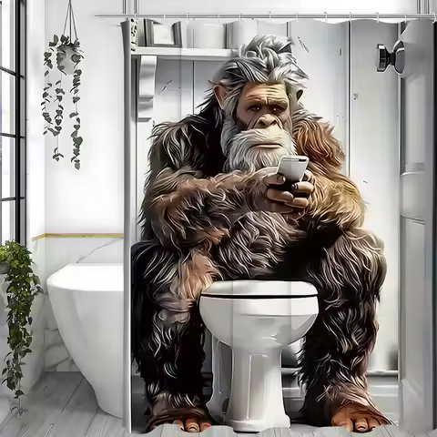 Funny Orangutan Toilet Reading Shower Curtain, Bathroom Decorative Shower Curtain, Waterproof Shower Curtain with Hooks