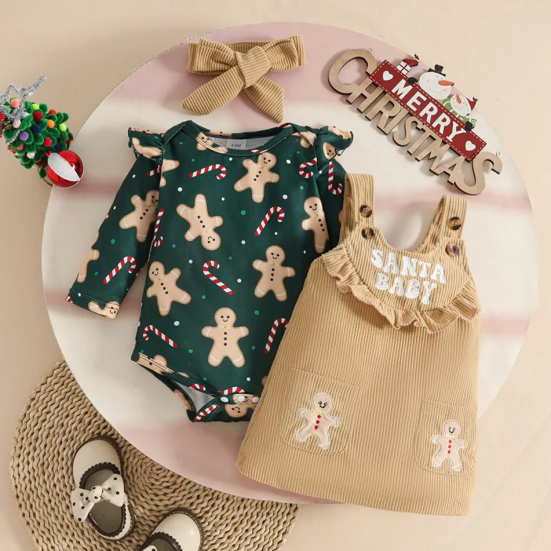 

1Y Baby Girl Clothes Outfit Sets Cartoon Bodysuit+Suspender Dress+Headband 3Pcs Suit for Newborn Girl Christmas Clothing