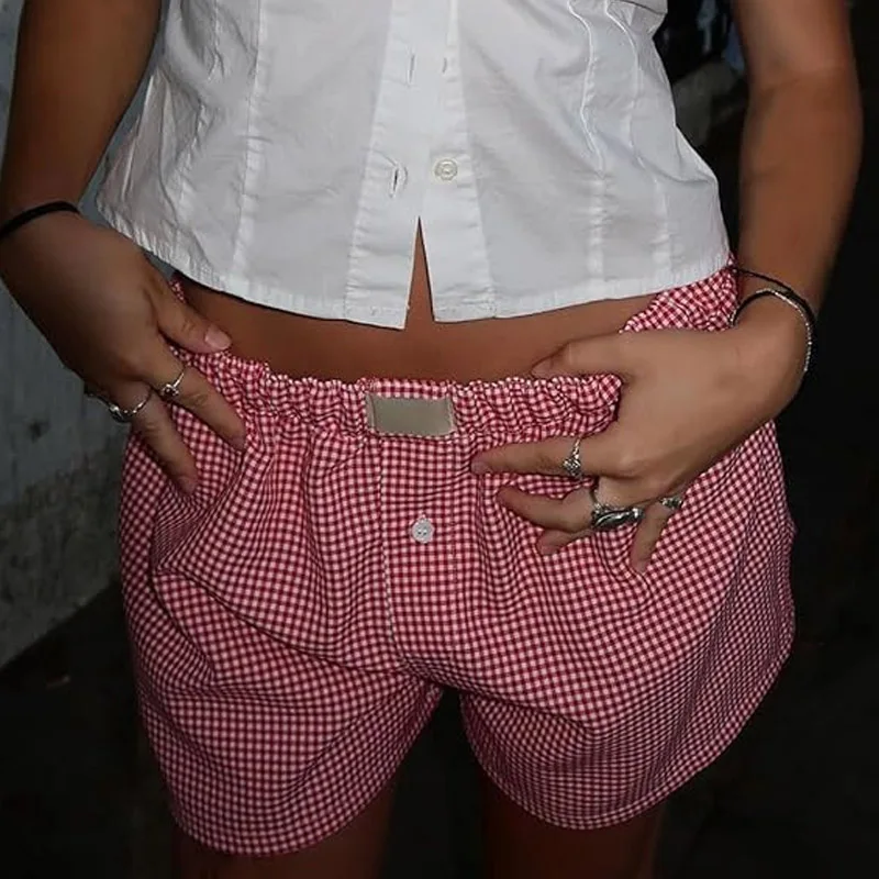 Shorts, casual zomershorts, damesshorts, elastische tailleband voor tienermeisjes, stropdas, rood blauw geruit