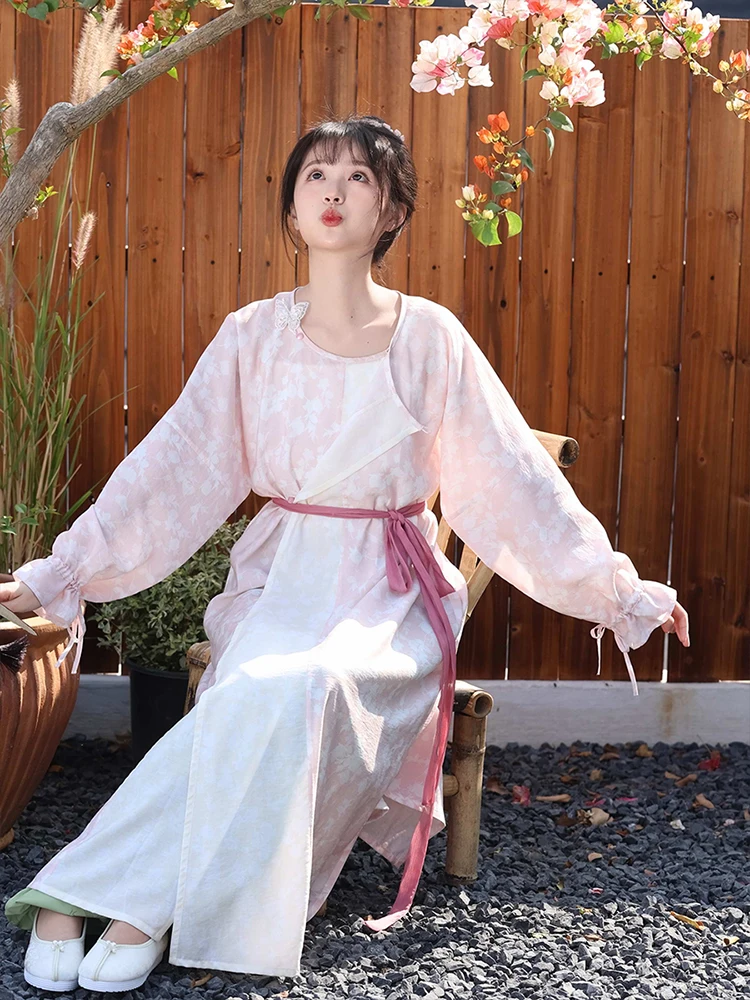 

Осенний комплект Ханьфу: платье с круглым вырезом, брюки-фонарики, традиционный китайский женский костюм из полиэстера