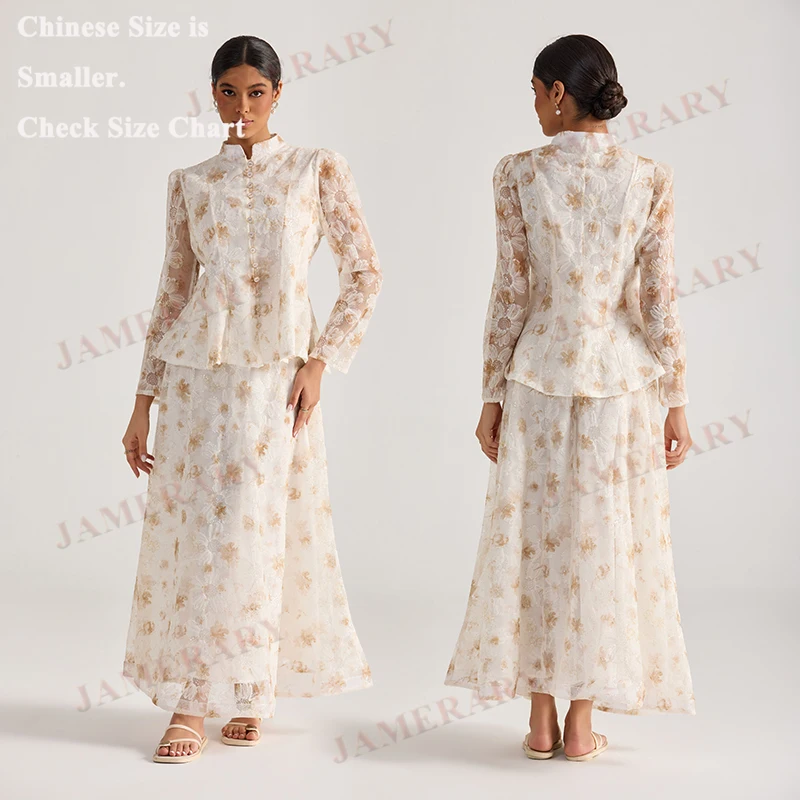 

Embroidered Floral Long-sleeve Floral Dresses Women Summer Autumn 2 Piece Set 3D Flower Sequin Blouse Shirt Long Maxi Skirt Suit