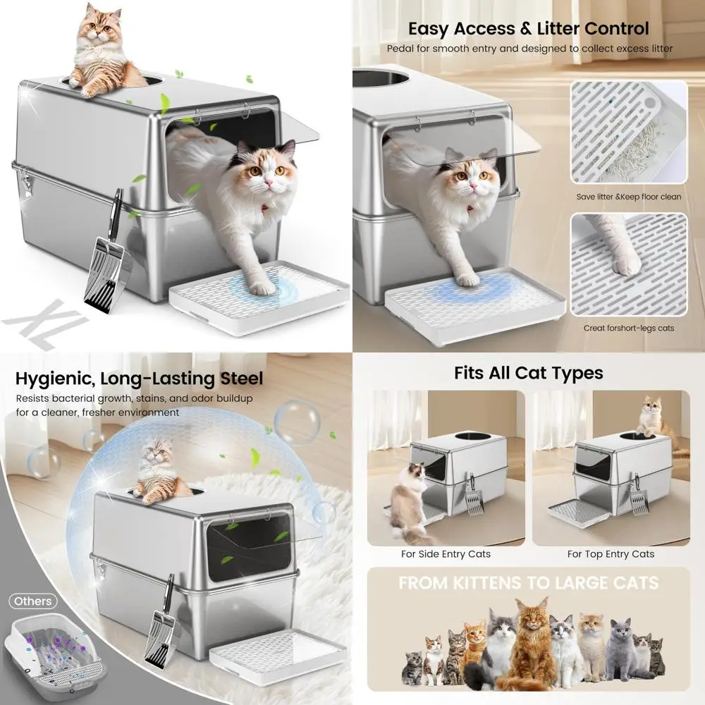 Large Enclosed Stainless Steel Cat Litter Box with High Sides, Dog-Proof, Odor Control, Easy Clean