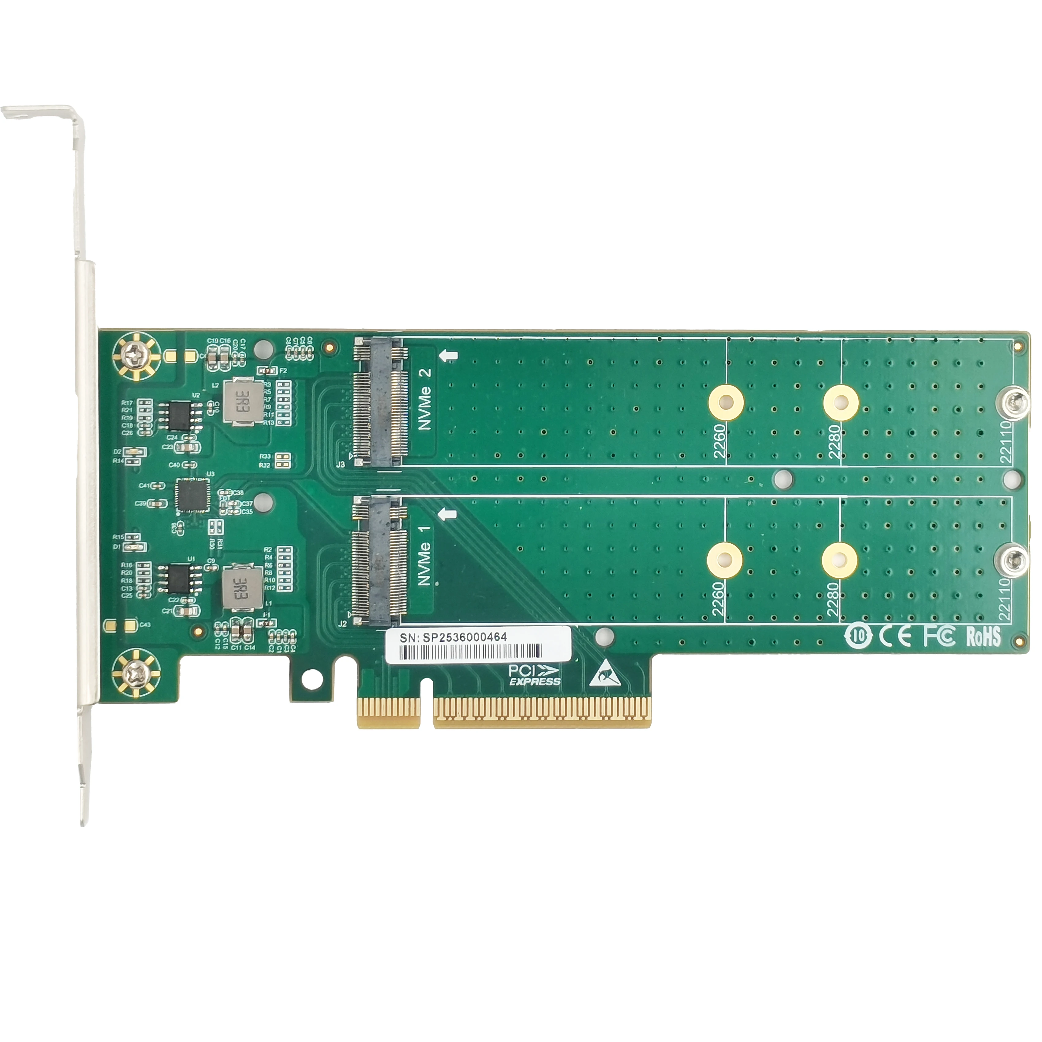 

PCIe4.0 x8 to Dual Ports M.2 NVMe SSD Adapter support 2260/2280/22110