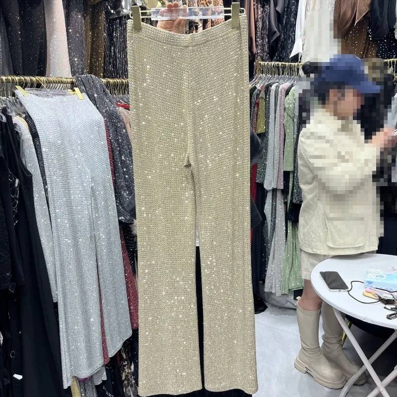 Stage Performance Costumes Heavy Industry Full Diamond Design Casual Pants 2026 Spring New Cool Fashion Long Trousers For Ladies