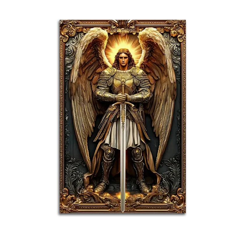 WJWANG Erzengel Michael Gold Engel Statue Wandkunst Leinwand Poster und Drucke Wandbild Leinwanddrucke für Wohnzimmer Home Decor 4