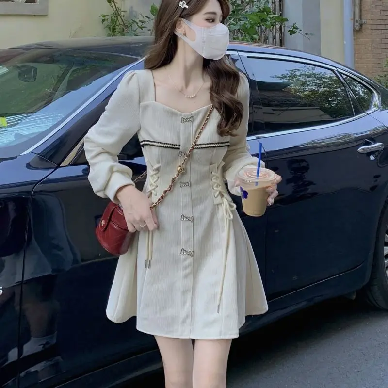 

Korea Spring Autumn Square Collar Sweet Lace Up Waist Dress Ladies Long Sleeve Elegant Fashion Mini Vestidos Women