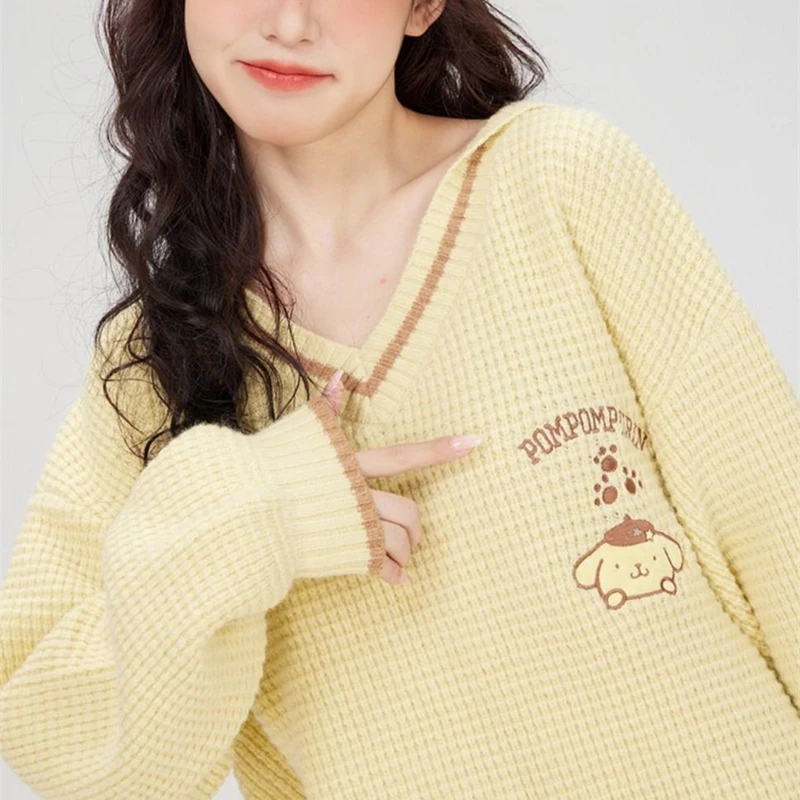 Kawaii Pompom Purin V-Neck Sweater Cartoon Sanrio My Melody Kuromi Cinnamoroll Girl Embroidered Knit Coat Cute Soft Sweater Top