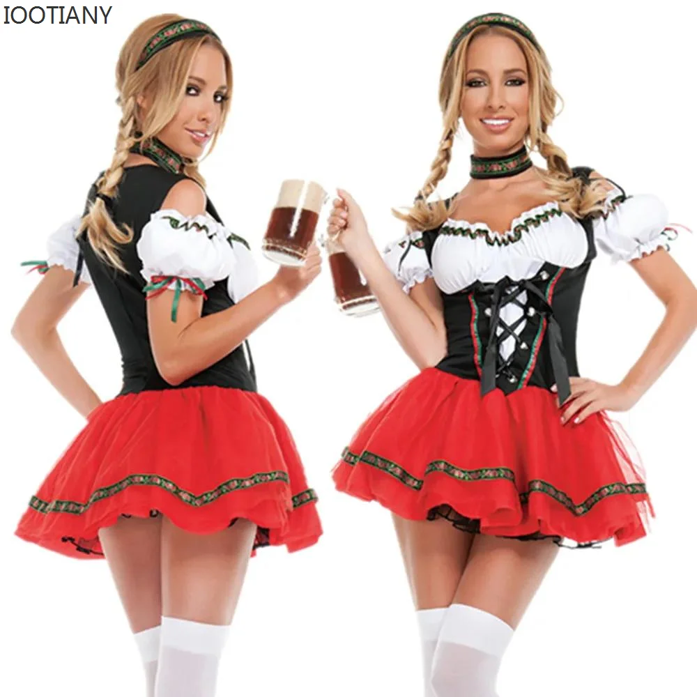 New Women Germany Beer Maid Tavern Wench Waitress Outfit Carnival Oktoberfest Dirndl Costume Dress Cosplay Halloween Fancy Party