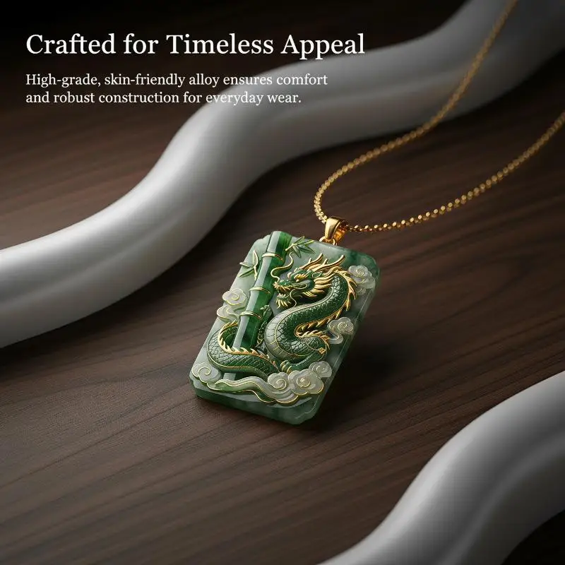 Carved Dragon Jade Pendant Necklace Bamboo Carved Vintage Green Square Pendant Retro Green Stone Green Jade Dragon Pendant
