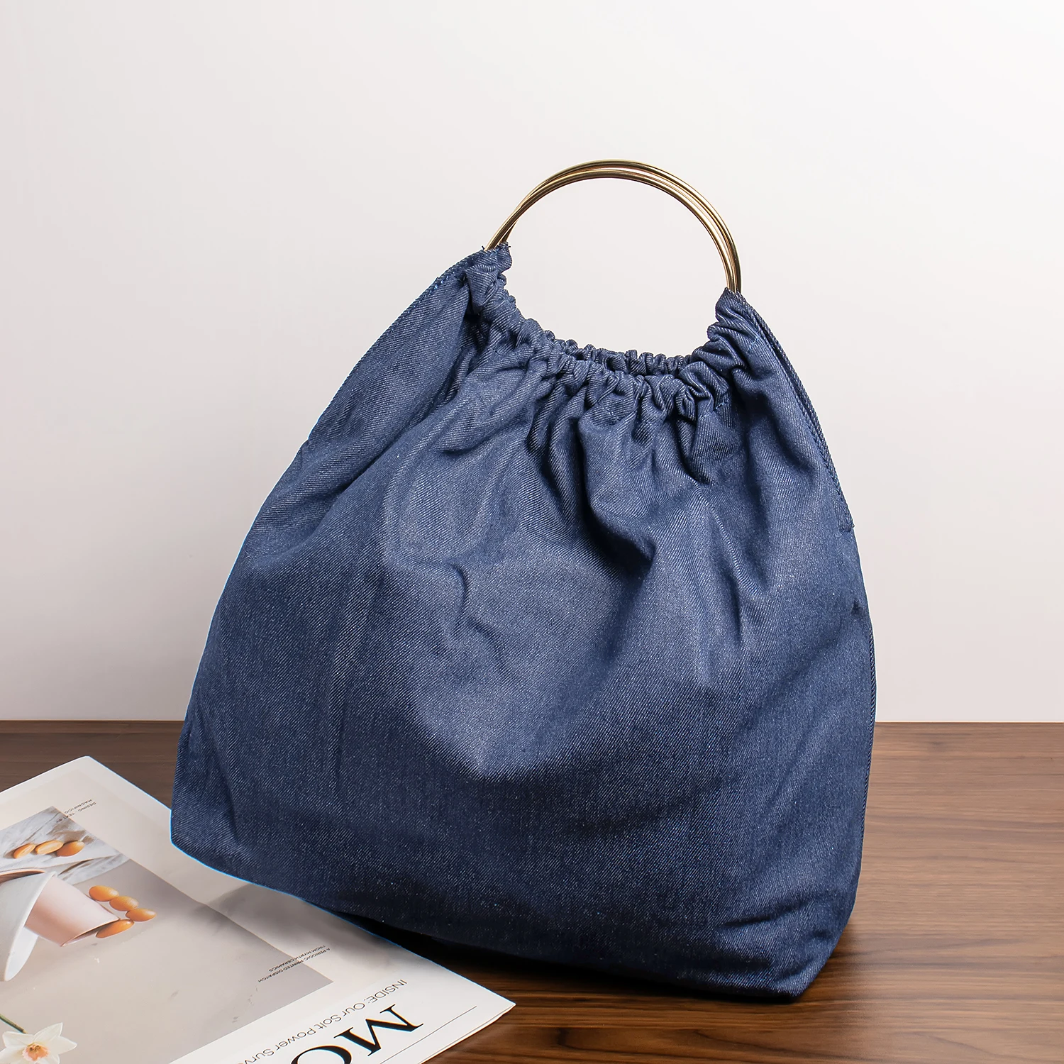 Retro Denim Bucket Bag Large Capacity Top Ring Handbag Deep Blue Jean Purse Women Chic Top-handle Bags Shopper Soft Hobo Bag