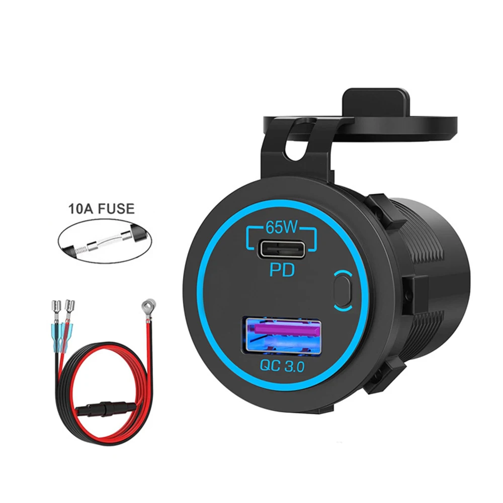 83W 12V USB Outlet Laptop Charger 65W USB-C PD3.0 & 18W QC3.0 Multi Car USB Port Socket Waterproof with Power Switch For RV Car