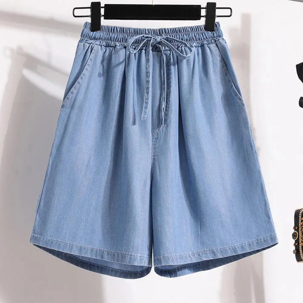 Women Summer Wide Leg Shorts High Waist Elastic Waistband Drawstring Pockets Solid Color Knee-Length Trousers Wide Leg Pants