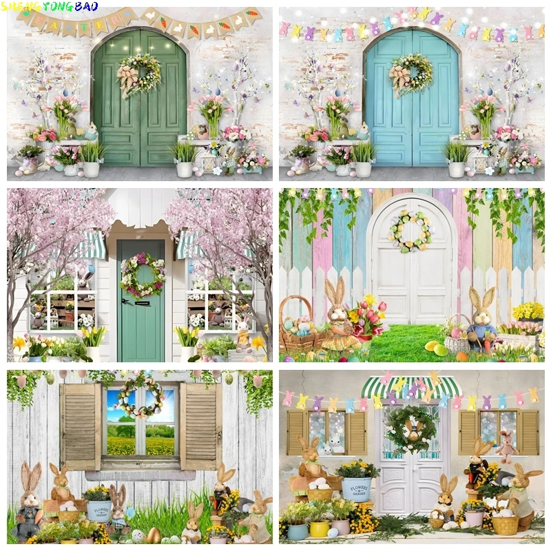 

Easter Spring Garden Photography Backdrop Colorful Eggs Barn Door Wood Fence Photo Background Baby Children Easter Party Banner