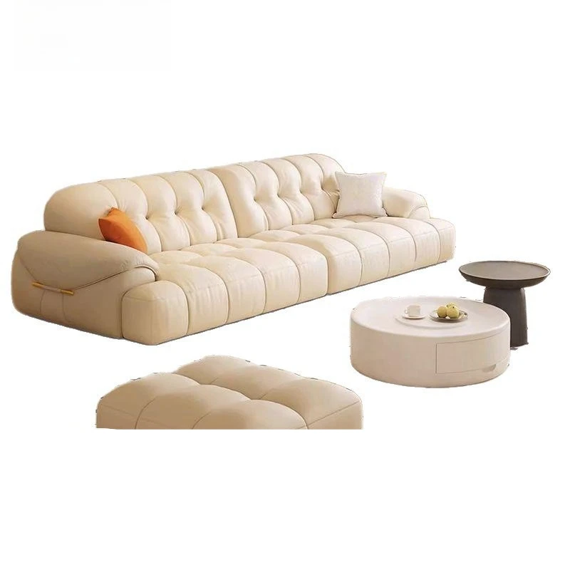 

Cream wind marshmallow leather sofa living room size three-person cloud straight row leather art
