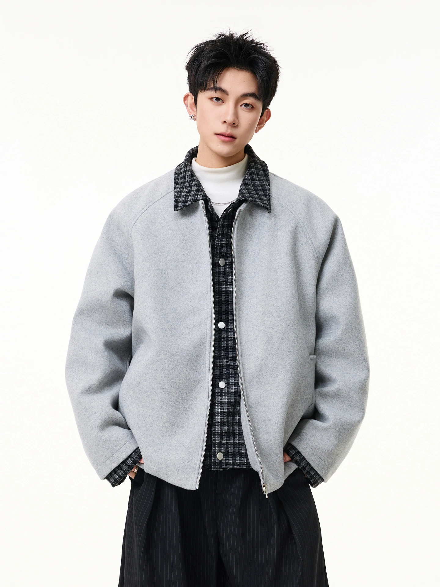 

Thiened Winter Outerwear Men's Women's Loose Fit Retro Plaid Fake Two-Piece Woolen Jaet Youth Trendy Casual Zipper Closure