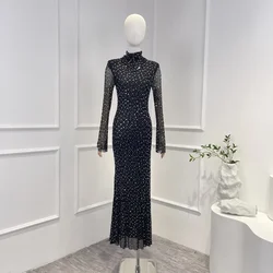 Top Quality Hot Sale Solid Black Diamonds Long Sleeve Slim Vintage Party Midi Dresses for Women 2024 New