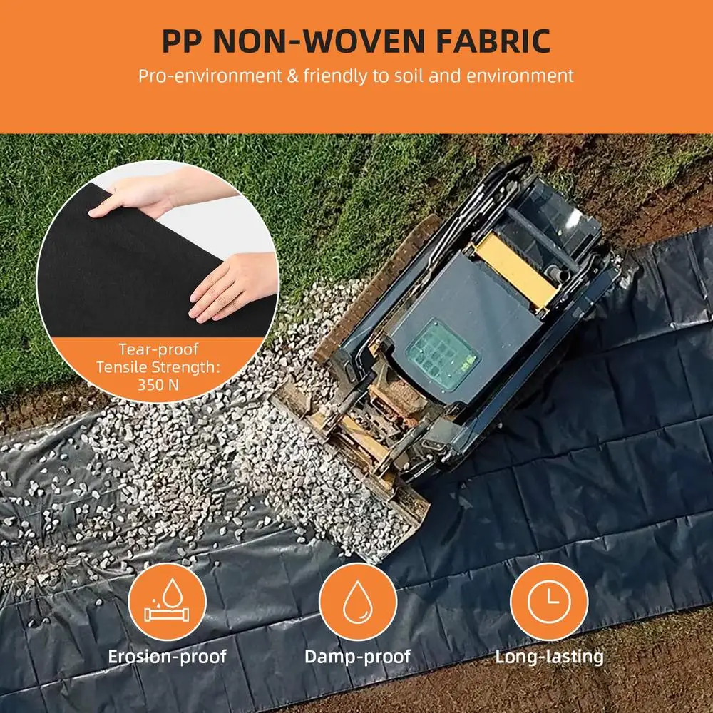 6oz Geotextile Landscape Fabric PP Drainage 350N Treksterkte 440N Laadvermogen Heavy Duty Erosiecontrole Franse afvoer