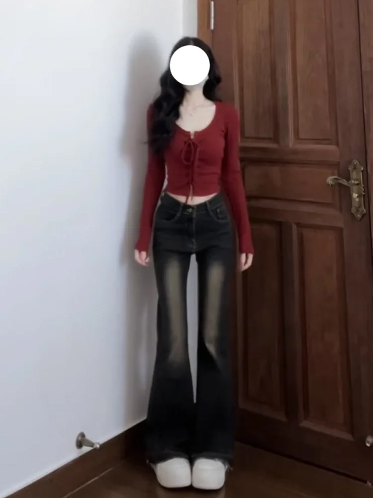 Czerwona mucha, długi sweter damski, jesienno-zimowy, nowy, elegancki, do noszenia pod spód, bazowy sweter, unikalny, piękny, szykowny top do pracy.