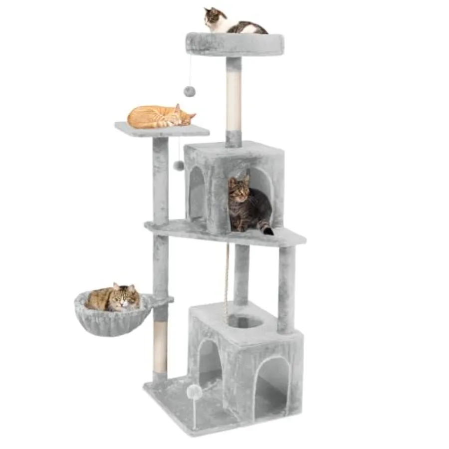 54 Inch Multi-Level Cat Tree Tower with Hammock Condos and Scratching Posts Large Cat Furniture for Indoor Cats with Pompoms Li
