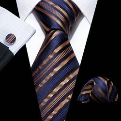 Designer Stripe Men Ties Navy Gold Retro Woven Neck-Tie Pocket Square Cufflinks Sets Wedding Gift Business Barry.Wang FA-6259