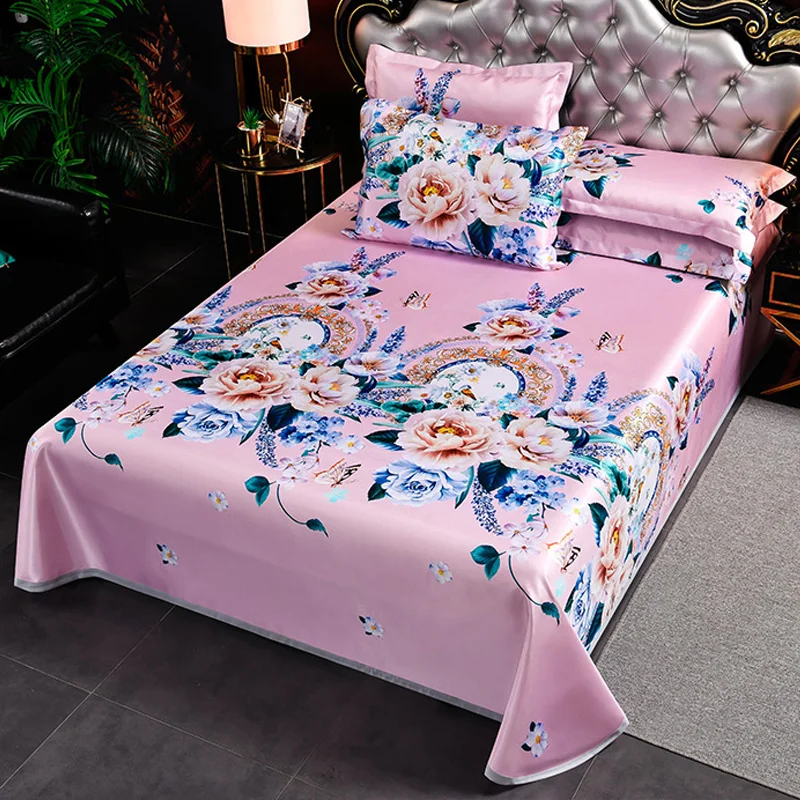 Chinese Flower 3 Pc Bed Sheet for Summer Ice Cool Fabric Top Sheets Satin Smooth Flat Bed Sheet for Double Bedding Pillowcase