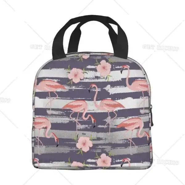 Roze Flamingo Paarse Grijze Strepen Geïsoleerde Lunch Tas Voor Vrouwen Meisjes Koeler Rugzak Herbruikbare Draagbare Lunchbox Draagtas