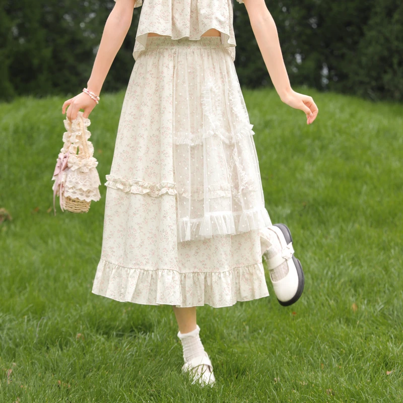 森ガール族オリジナル甘い初恋牧歌的なスタイルの花レーススプライシングスカートプリント A ラインスカート新スタイル女性のための