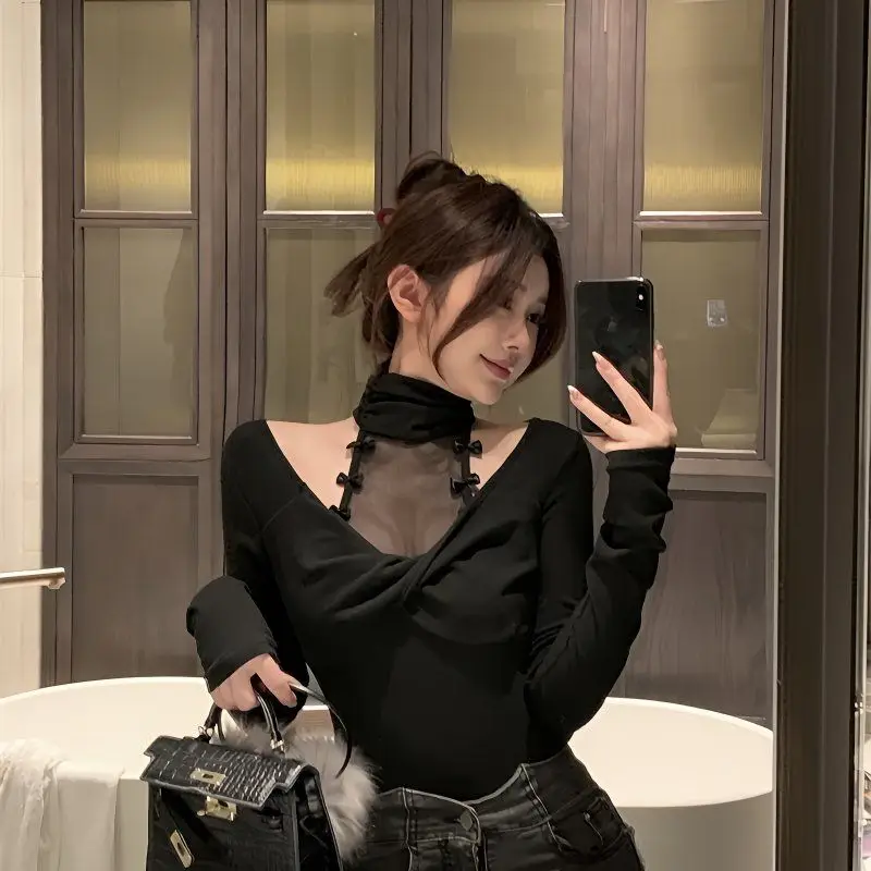 

Pure Style Bow Spliced ​​Long-Sleeved Turtleneck Base T-Shirt Women'S Spring Autumn New Design Slim Lace Top