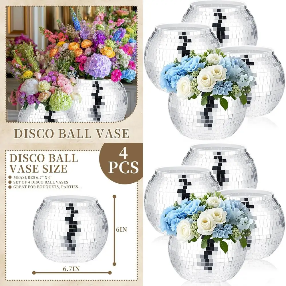 

Ваза-зеркало «Диско-шар» серебристая, 6,7 дюйма, пластиковая, для декора на свадьбы, дни рождения и офисные мероприятия