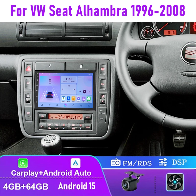

7" 4+64GB For VW Seat Alhambra 1996-2008 Car Radio Carplay Android 15 Auto Steering Wheel Control Stereo Rear Camera FM