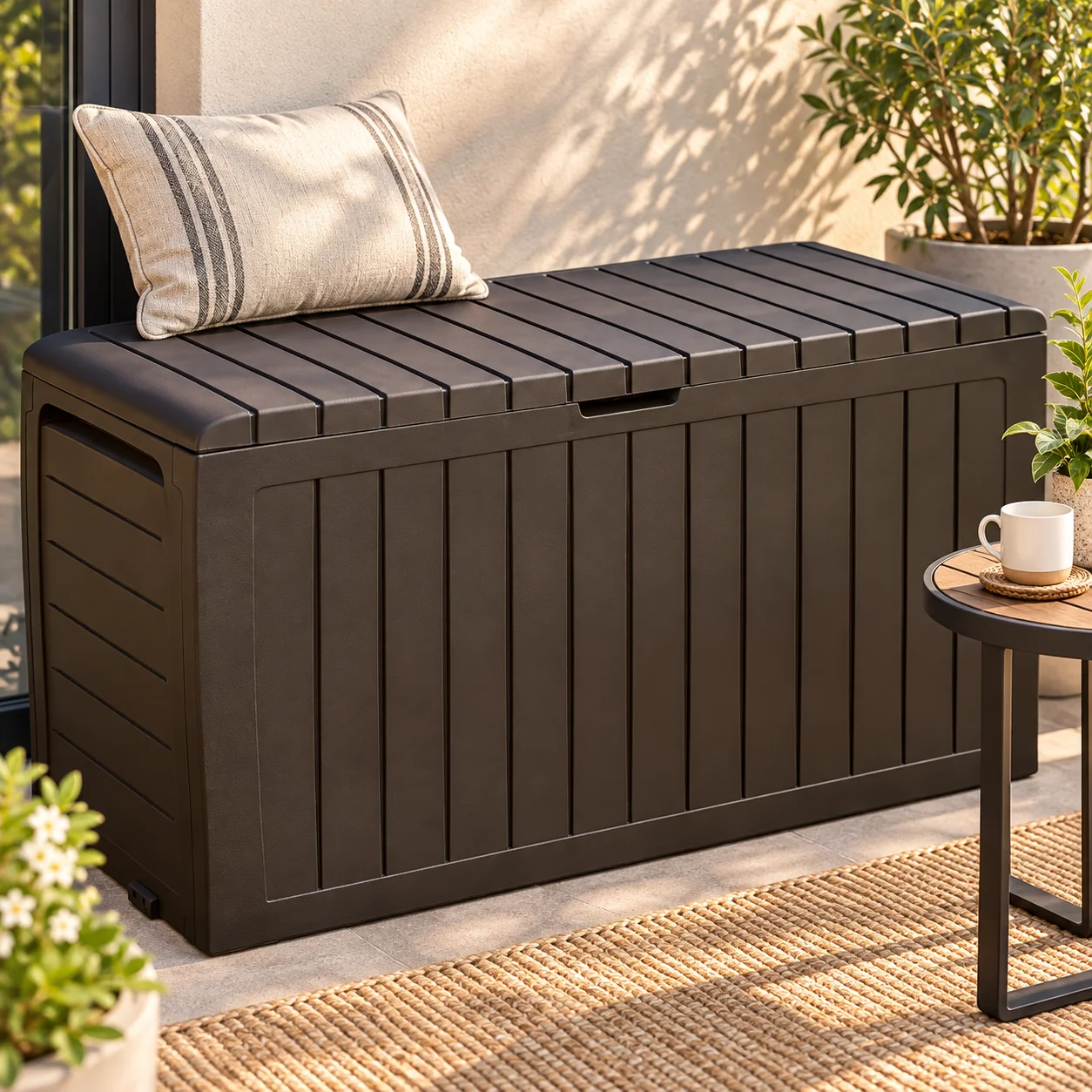 71 Gallon Outdoor Storage Box with Wood-Look Texture, All-Weather Resin, 485lbs Seat Capacity, Tool-Free Assembly, for Balcony Patio Pool Small Outdoor Spaces