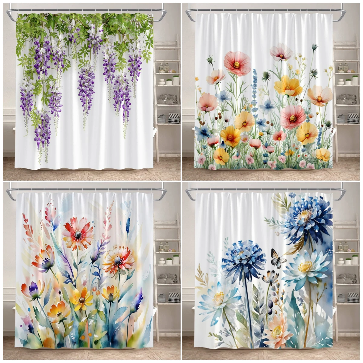 Floral Shower Curtain Blue Purple Pink Watercolour Flowers Plant Modern Minimalist Polyester Bathroom Decor Bath Curtains Set