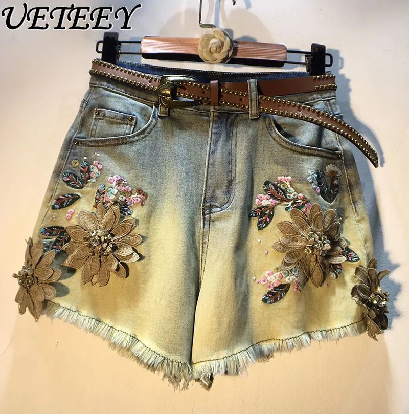 European Station Summer New Exquisite Embroidered Flowers High Waist Slimming Stretch Retro Denim Shorts Women's Short Pants