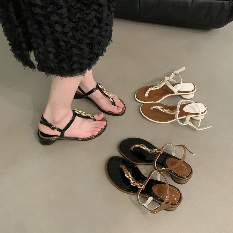 

Эксклюзивные летние римские сандалии 202, шлепанцы с толстым носком во французском стиле, элегантная уличная женская обувь для пар юбок