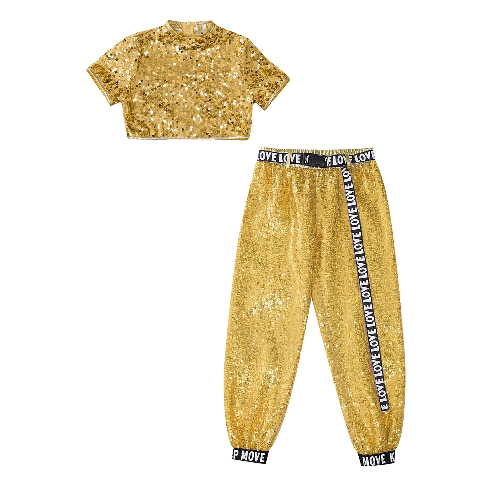 Girls Jazz Dance Costume High School Hip-hop Street Dance Sequined Performance Costume Suit Crop Top with Loose Pants Set