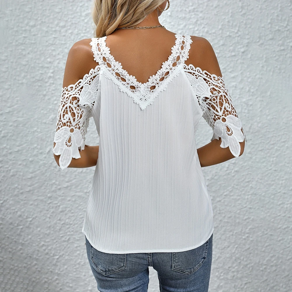 M L XL Short Sleeved Tops for Women Clothing 2024 Summer Sexy T-shirt Tee Casual Y2K Crop Shirt Female V-Neck Lace Pullover Top