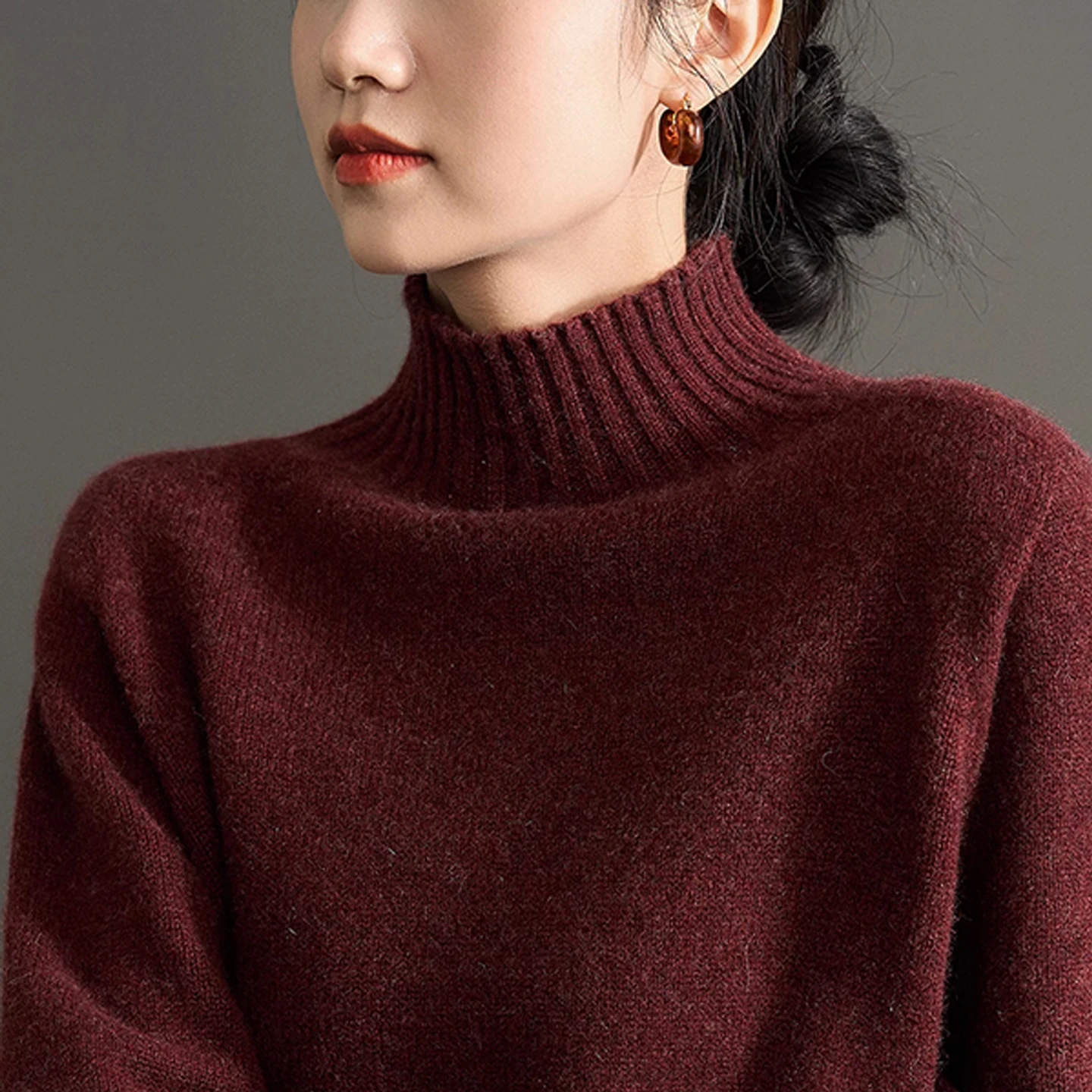 Suéter feminino 100% lã merino, de alta qualidade, gola alta, cor sólida, bainha dividida, básico, macio, quente, base de malha
