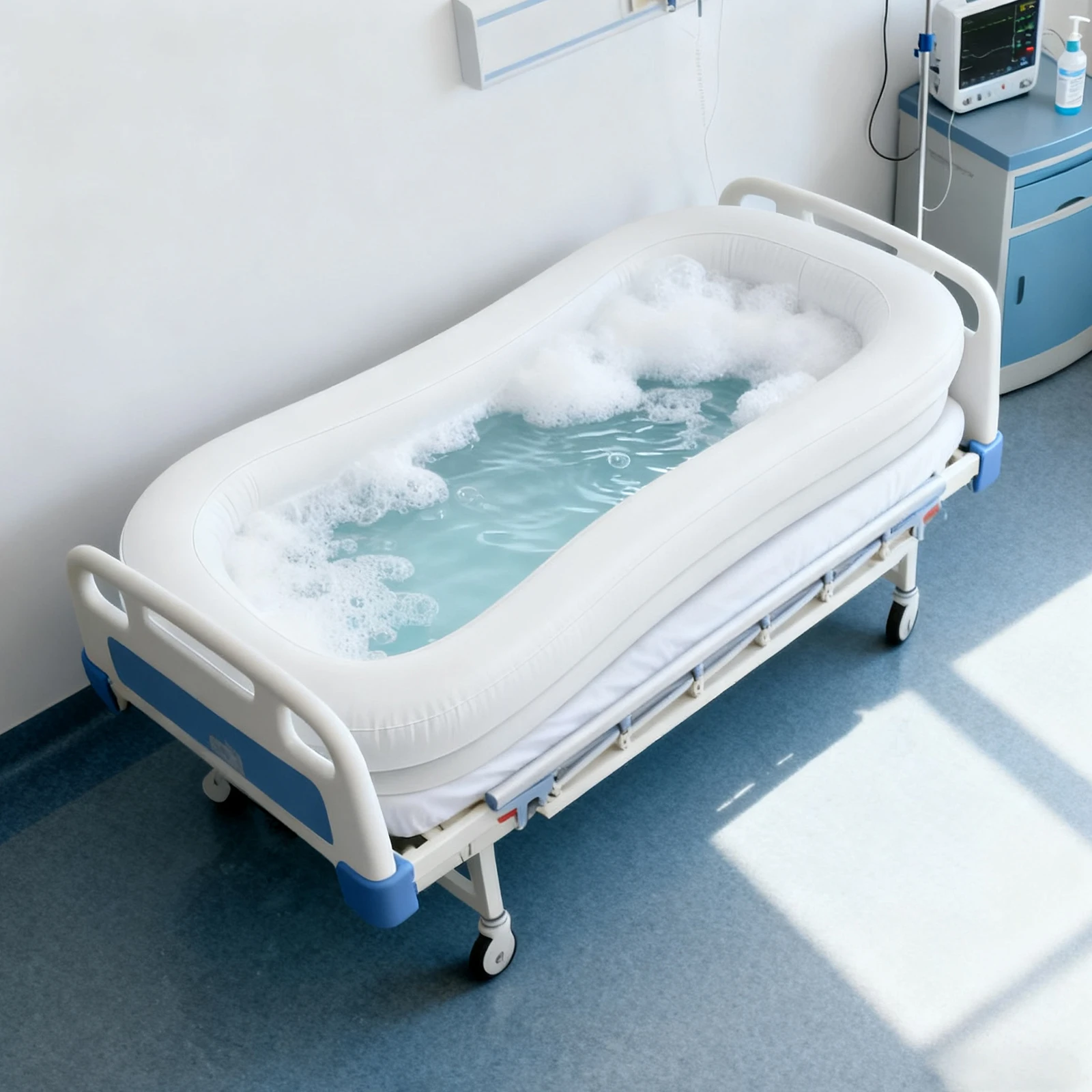 Doppelschichtige Duschliege 220x100x38cm Weiß Faltbar Tragbar mit Pumpenschlauch für Ältere Patienten Häusliche Pflege Baden