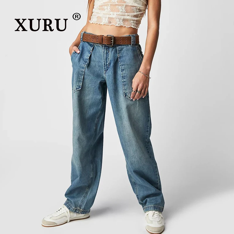 XURU-Women's Slim Straight Pants, Long Jeans, White, Light Blue, Black, High Street, Europe and The United States, N3-11987, New