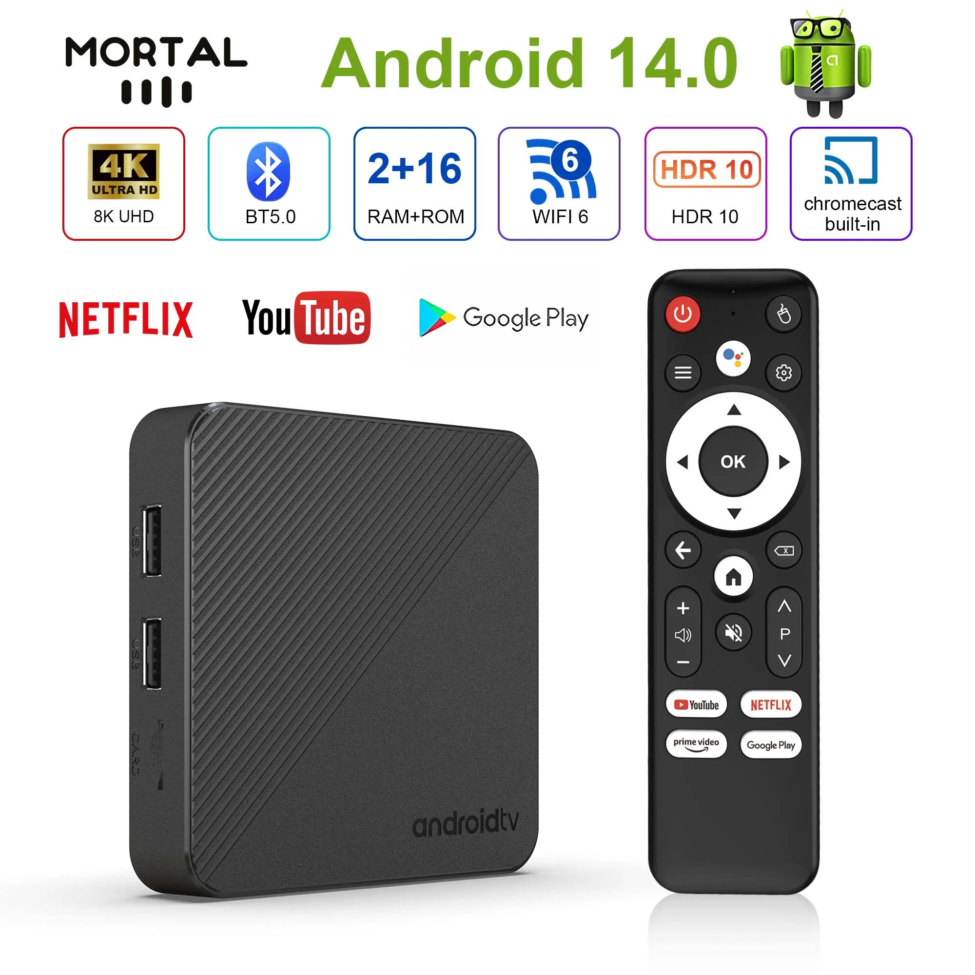 Global Version Mortal T1S Android 14 Smart WIFI 6 Quad Core TV Box Allwinner H313 Google Assistant Streaming BT 5.0 Media Player