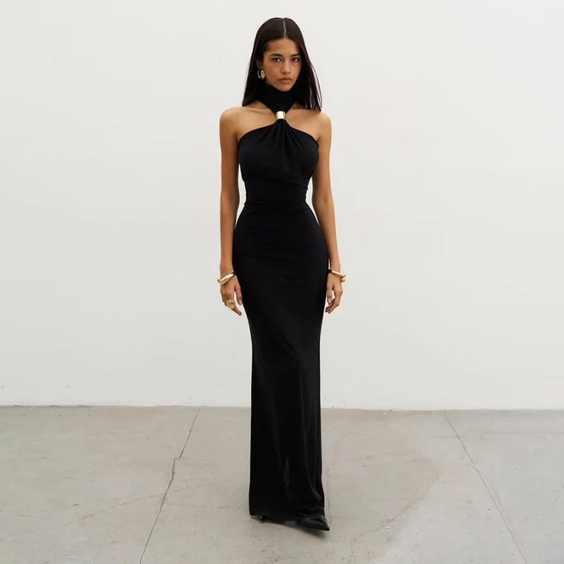 

Halter Metal Knots Dress Women Elegant Summer Trend Solid Folds Backless Sleeveless Sexy Slim Banquet Party LongHalter Metal Kno