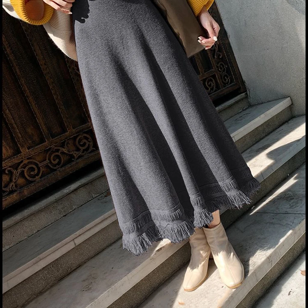 تنورة نسائية كلاسيكية للخريف جديدة بشراشيب صلبة من الصوف الكوري بخصر عالٍ مرنة متوسطة الطول تنورة محبوكة ضيقة على شكل حرف a