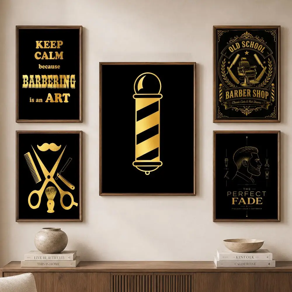 Vintage Barber Shop Black Gold Grooming Tools Typography Poster Modern Aesthetic Wall Art for Home Bar Cafe Bathroom Decor