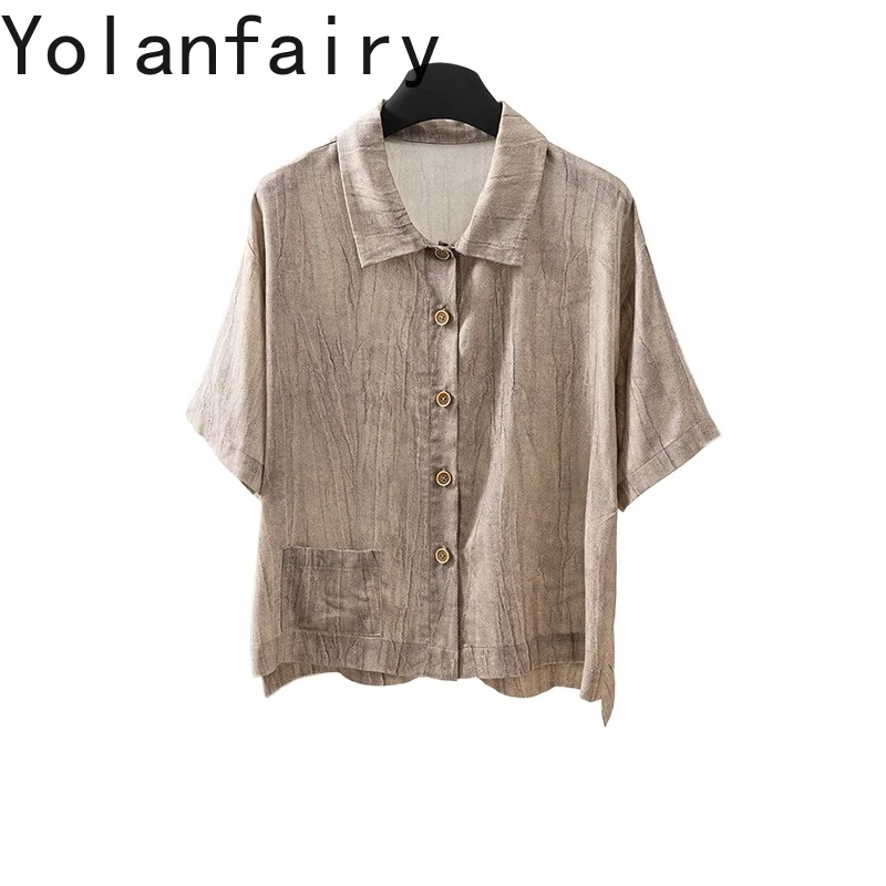 

YOLANFAIRY 70% Mulberry Silk 30% Spandex Shirts Female Summer Short Sleeve Tops Loose Versatile Women Shirt Casual Shirts Dames