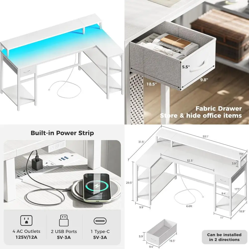 

53 Inch Reversible L-Shaped Desk with LED Lighting and Power Outlets, Computer Desk with Storage Shelves and Monitor Stand for G