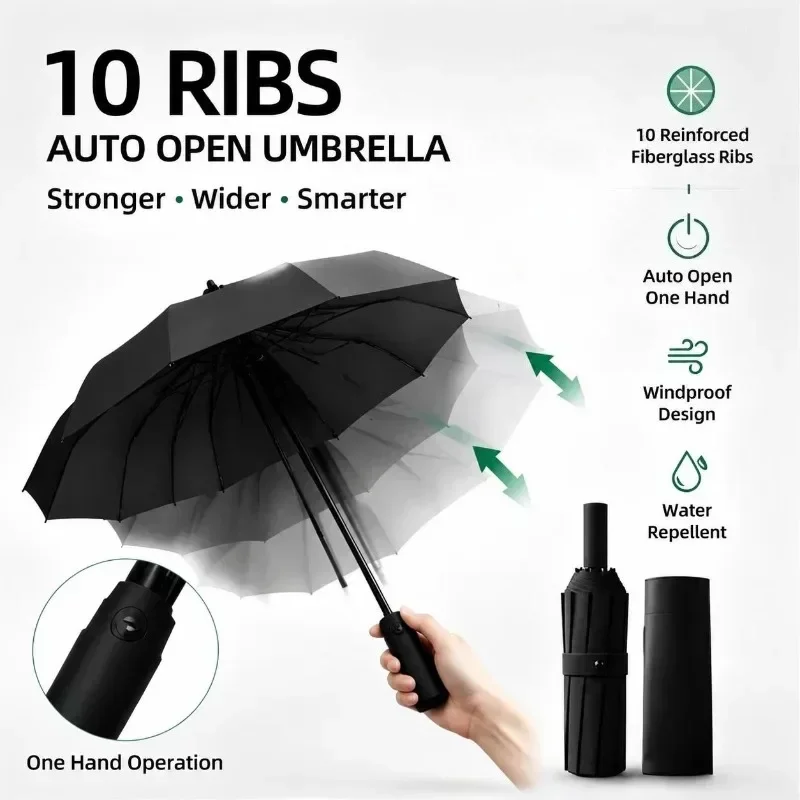 Automatic Umbrella 10 Ribs Extra Large Folding Strong Sunshade Double Umbrella for Men Women with Fully Opened Ring Buckle