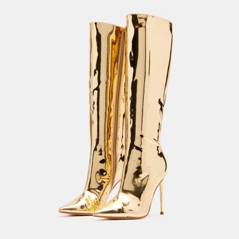 

Gold Mirror Leather Women Knee High Boots Pointed Toe Zipper Stiletto High Heels Fashion Long Boots Metallic Leather Pumps