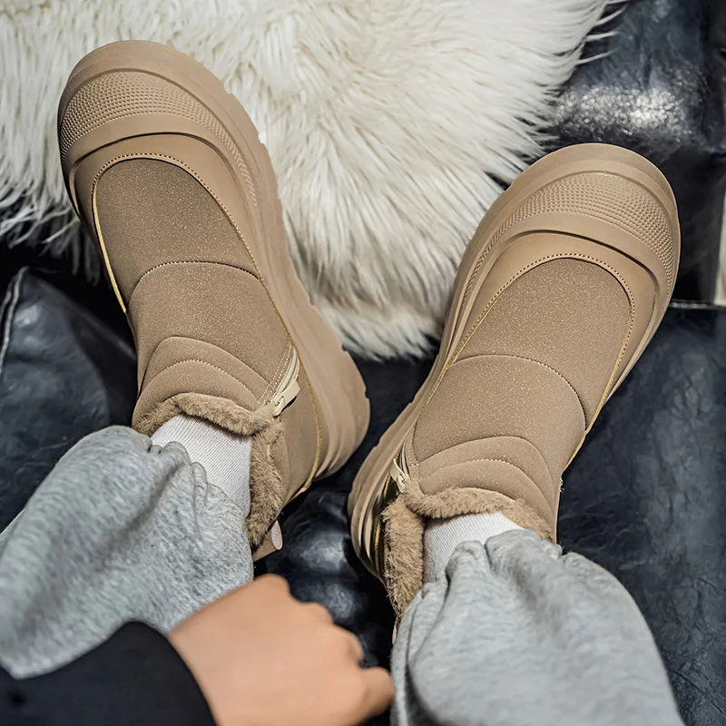 الشتاء في الهواء الطلق الأحذية القطنية للرجال أفخم حذاء الثلج عالي الرقبة دافئ موضة اليدوية حذاء كاجوال مع الفراء مقاوم للماء عدم الانزلاق حذاء من الجلد
