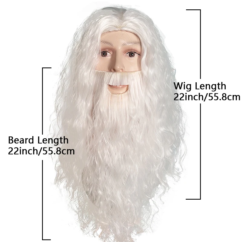 Long Gray Wizard Wig and Beard Set Long Gray&Brown Cosplay Halloween&Christmas Costume Party Wizard Synthetic Wig
